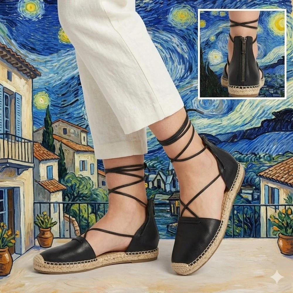 Eileen Fisher‎ Black Leather Lace Up Zip Espadrille Sandals Womens 9 Flat Black